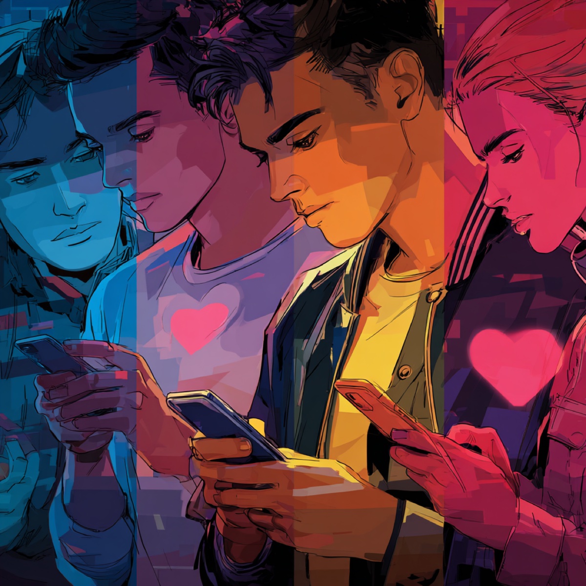 Adam4Adam scam stop prevention - male users with phones and hearts showing dating app romance scam protection