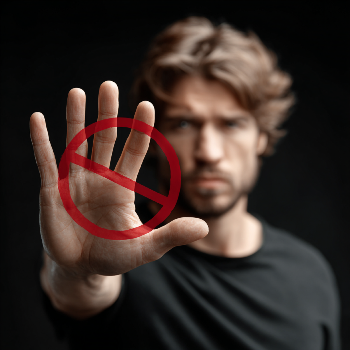Adult content removal destroying life career - person making stop gesture with prohibition symbol representing rejection of unwanted adult content threatening professional reputation