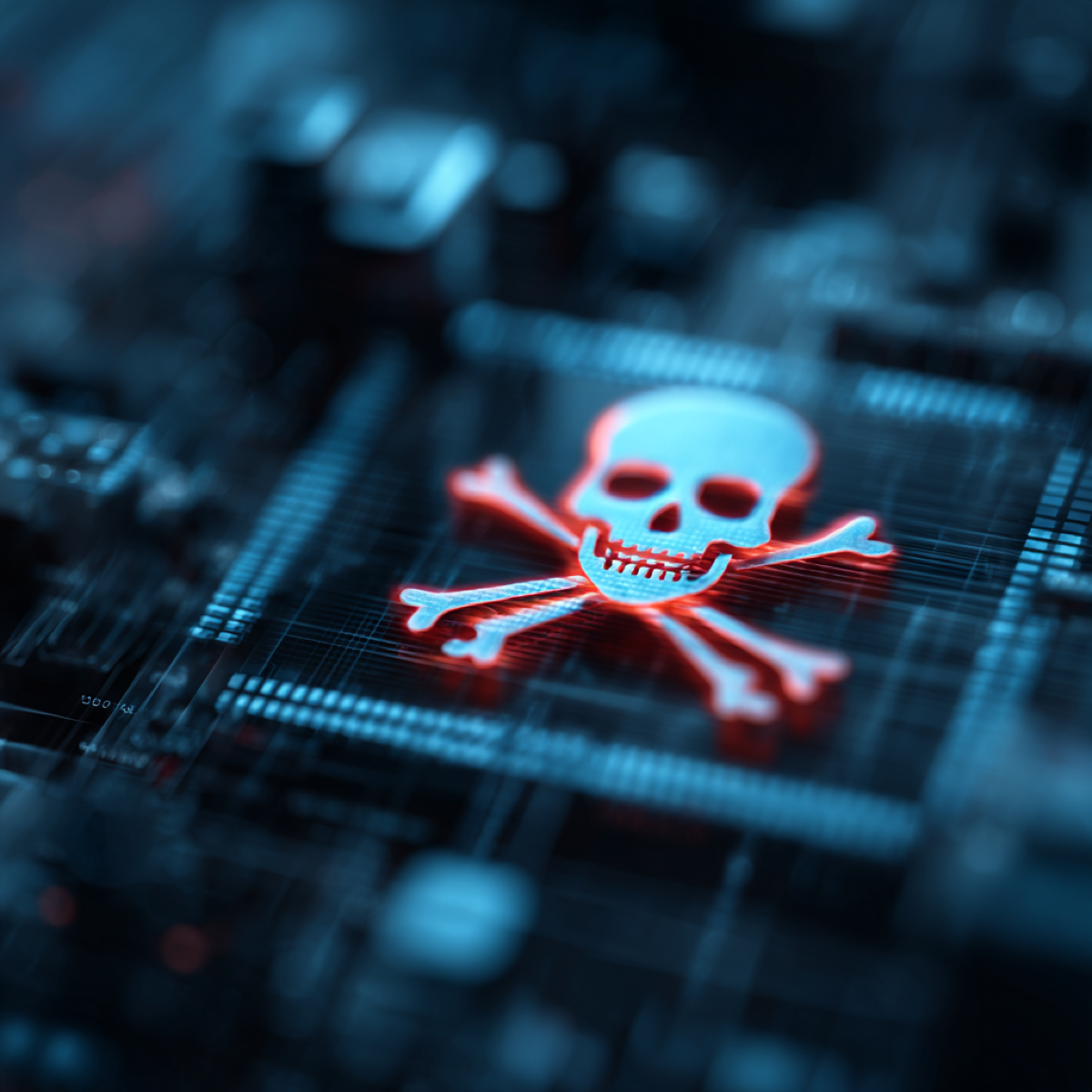 Anti-piracy software manual methods fail - digital piracy threats represented by skull symbol on circuit board showing modern cybersecurity challenges