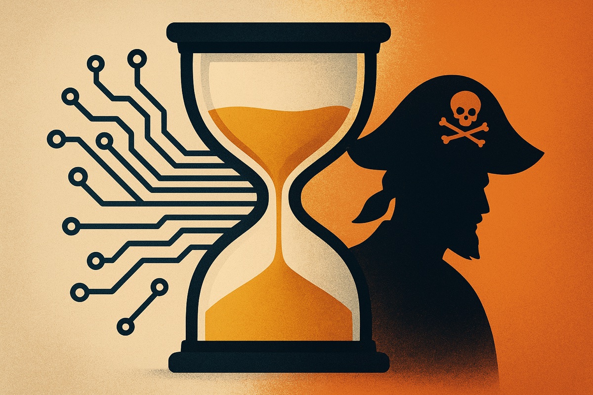 Anti piracy speed matters - hourglass with digital circuits and pirate silhouette representing time-critical nature of rapid anti-piracy response to prevent content theft spread