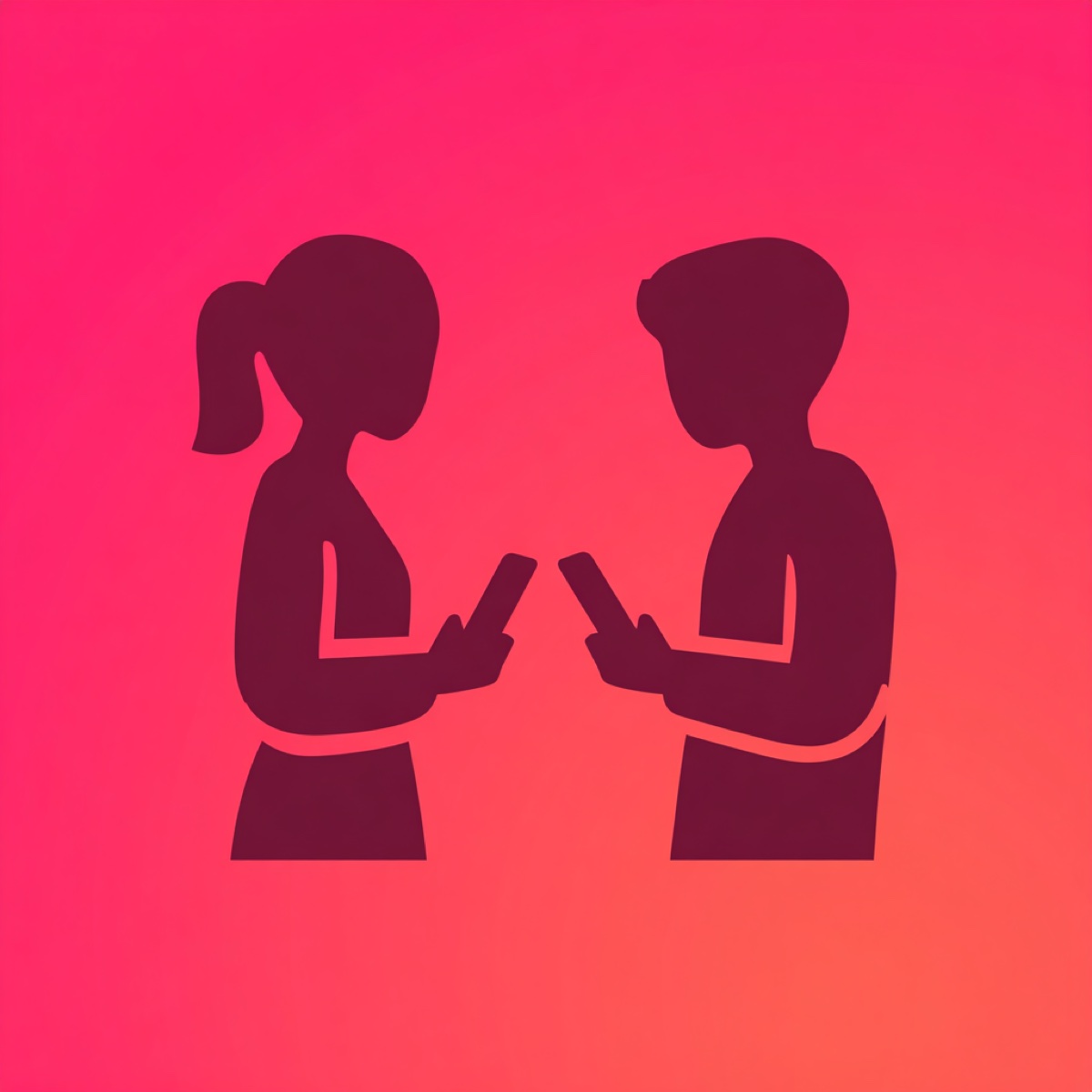 Befriend app blackmail exploits social connection features - silhouettes of two people using mobile phones against pink gradient background representing fake friend profiles and digital communication manipulation used by criminals