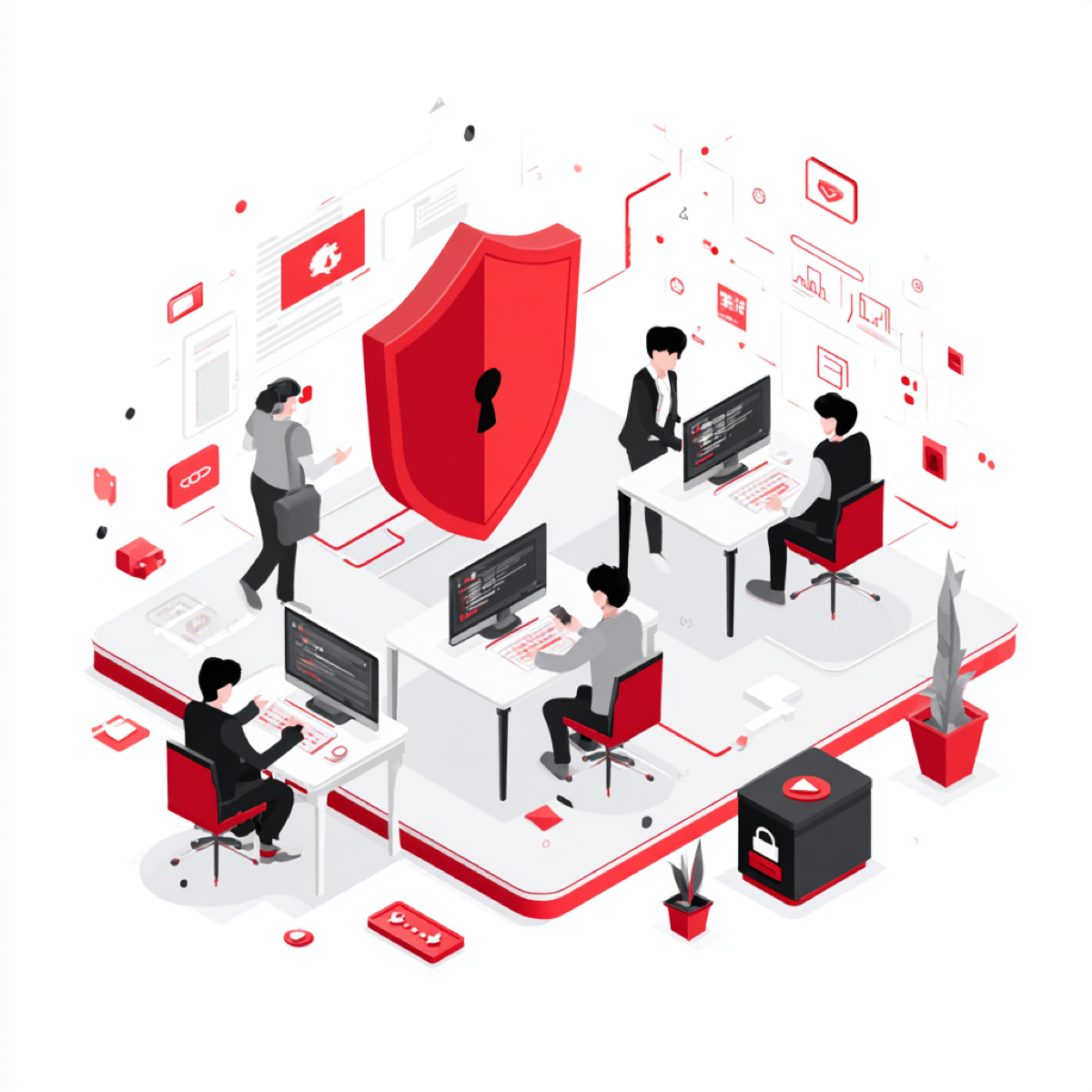 Brand protection platform ecosystem - cybersecurity team working with AI monitoring systems and comprehensive threat detection infrastructure