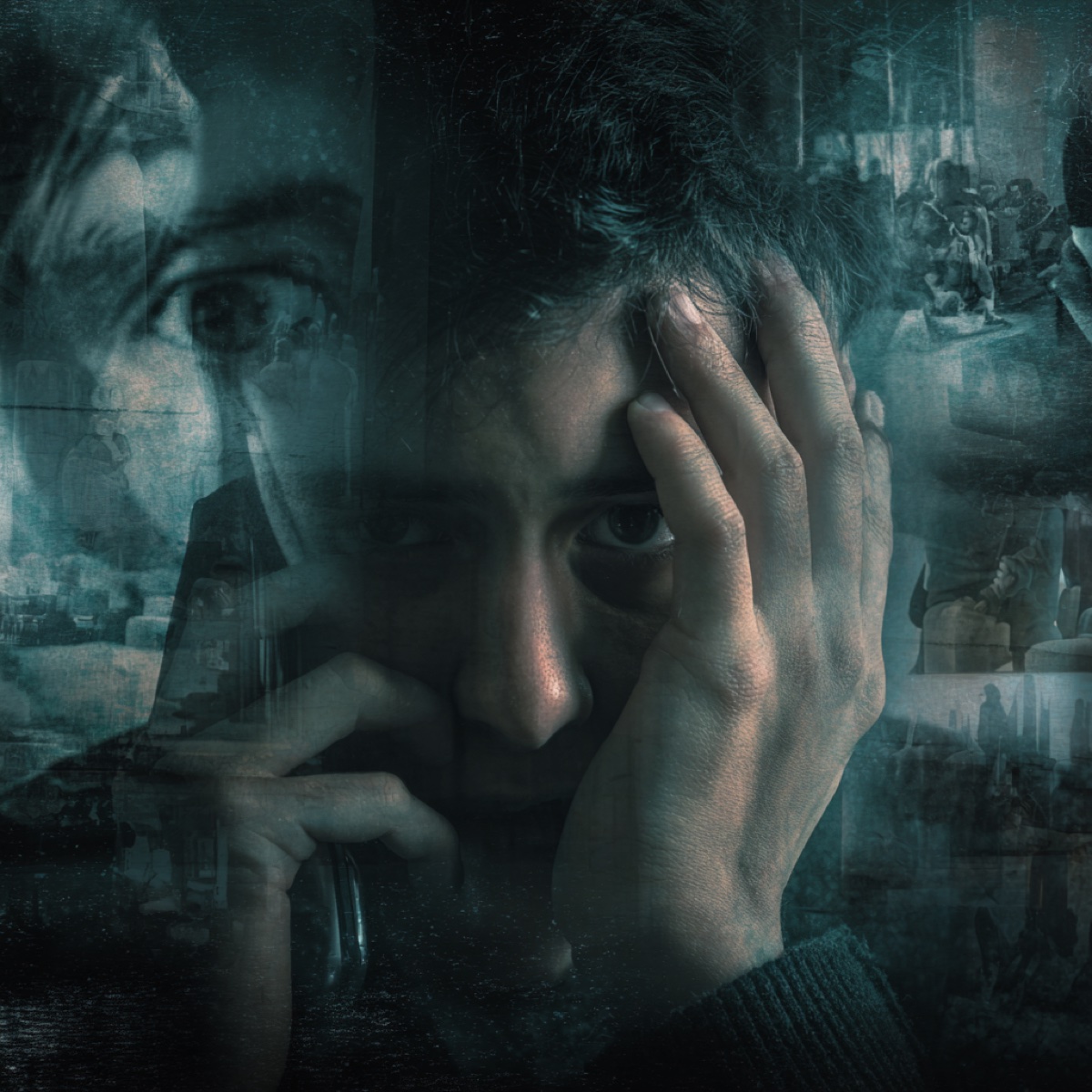 Cartel scam calls terrorize victims - distressed person experiencing intense psychological trauma from threatening phone calls in dark threatening environment representing fear and terror caused by scammers