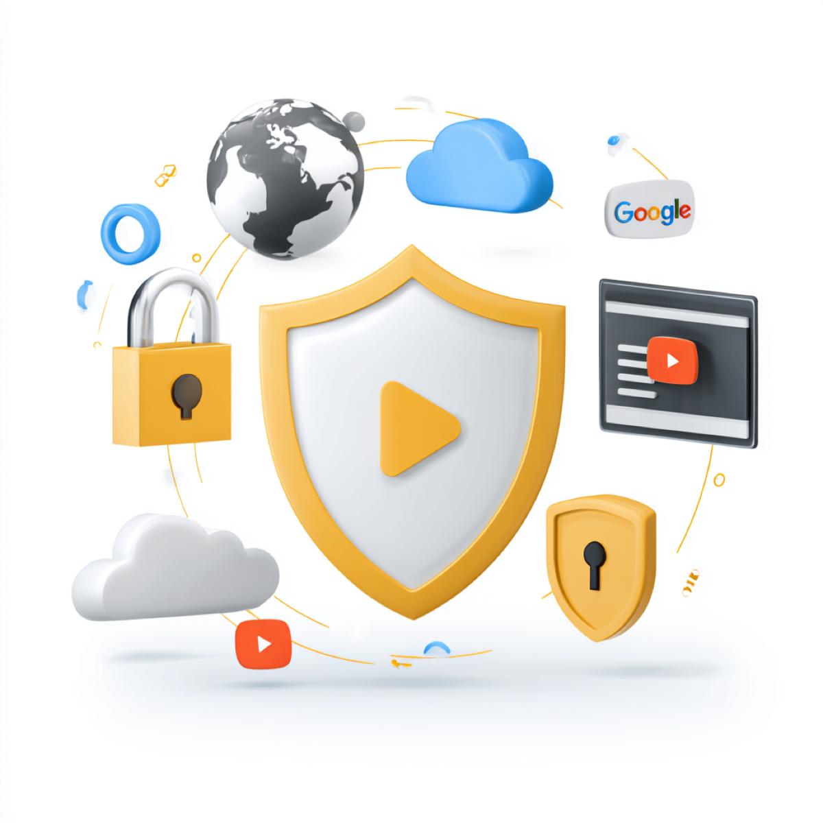 Comprehensive copyright protection services ecosystem - security shield with digital platforms including Google and YouTube representing complete intellectual property protection infrastructure