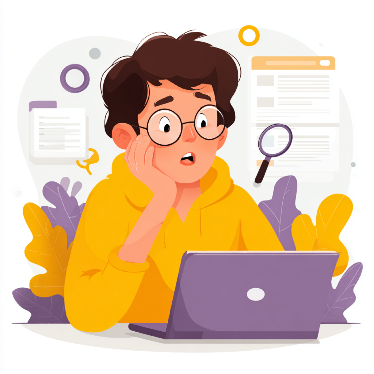 Content removal unwanted damaging reputation - concerned person with laptop surrounded by search and document symbols representing overwhelming unwanted online content