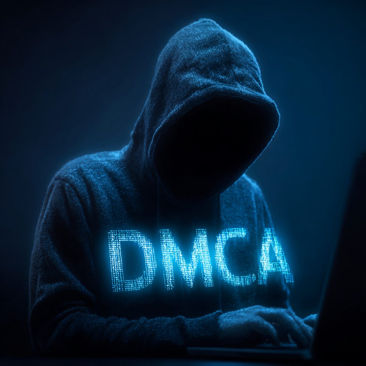 Copyright infringement destroys creative industries - cybercriminal in hoodie with DMCA digital pattern representing copyright theft threats to creative industries