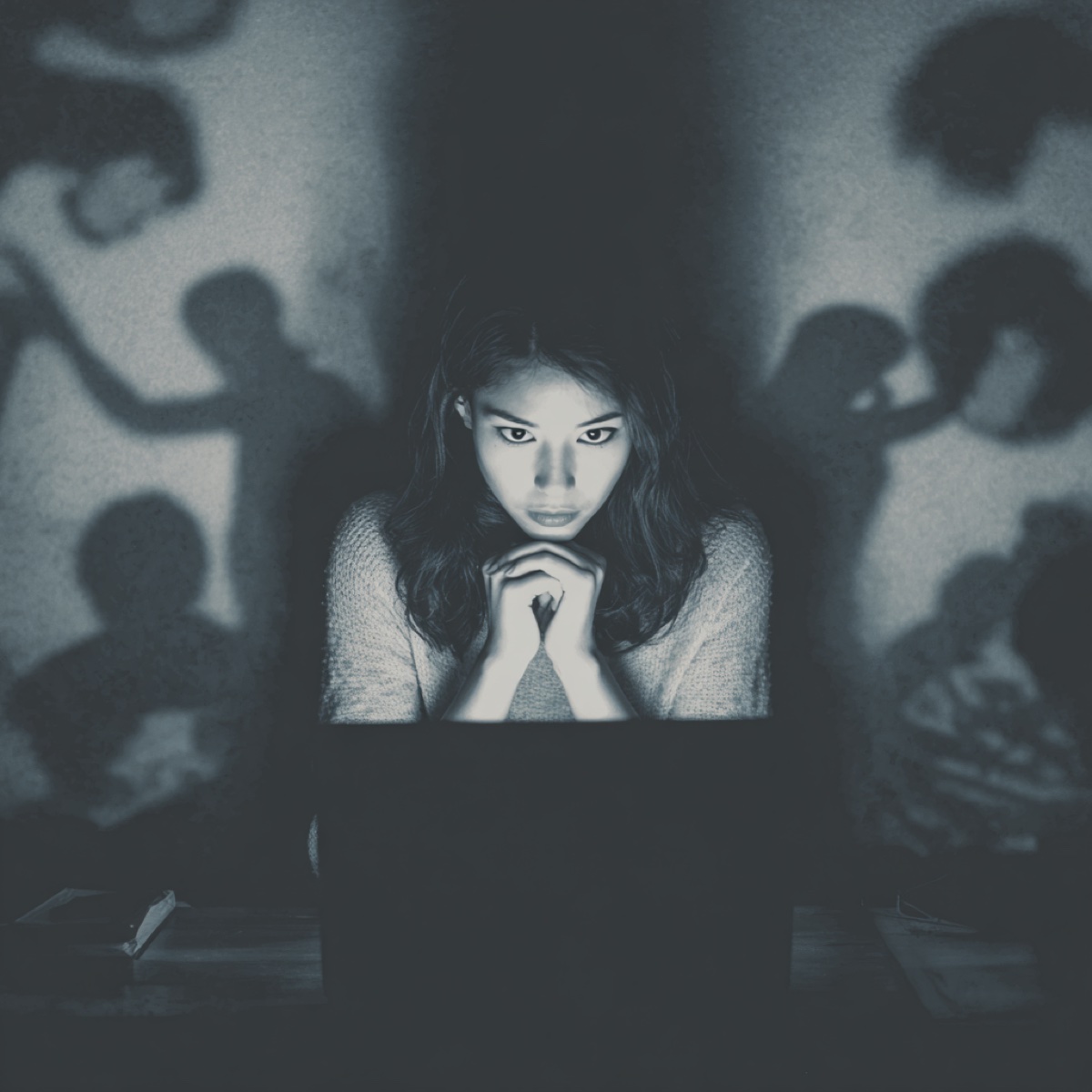 Cyberstalking immediate professional help - victim surrounded by threatening digital stalker silhouettes requiring urgent cybersecurity intervention and protection