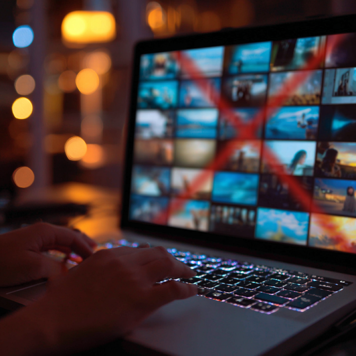 Deepfake removal threatening reputation - laptop screen displaying multiple video thumbnails with red prohibition symbol representing synthetic media detection and removal technology