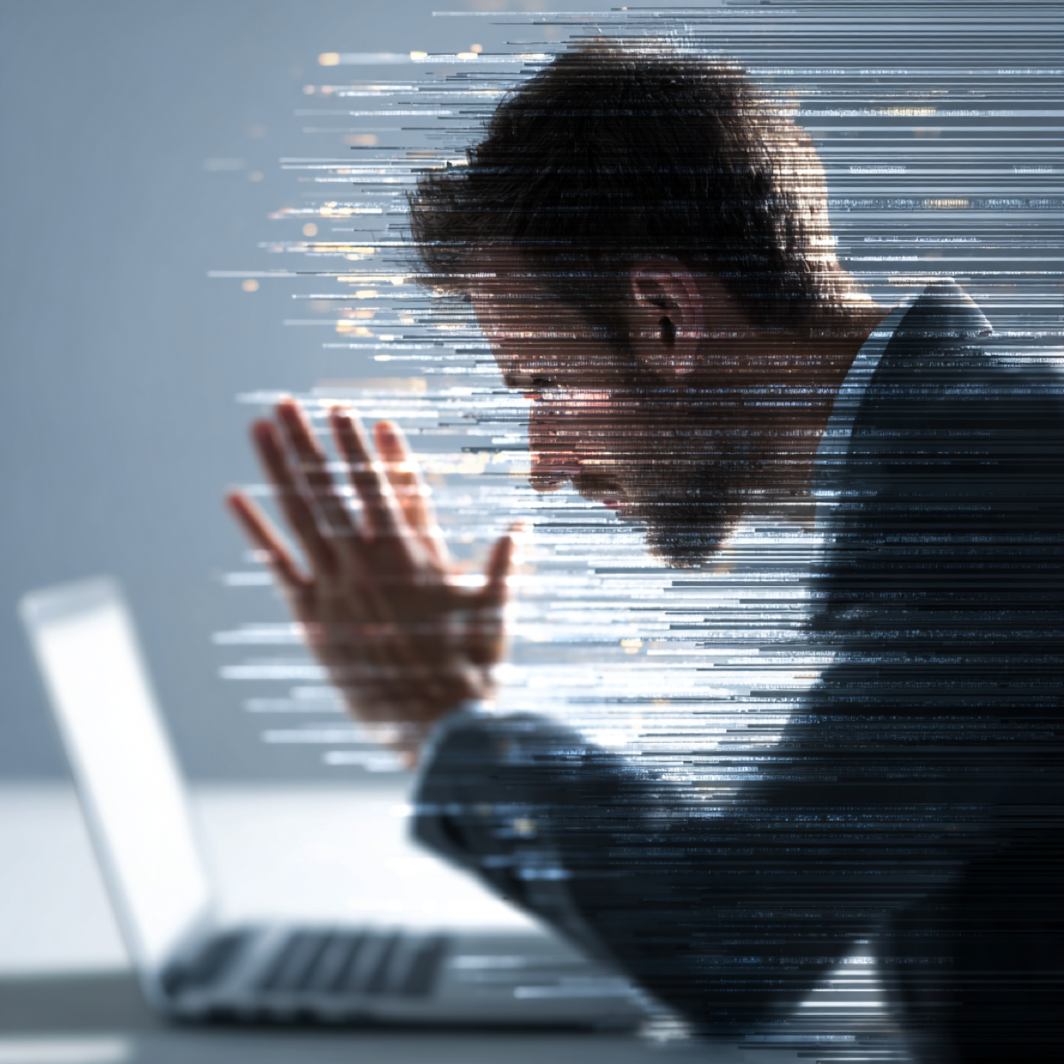 Defamation spreads gets worse over time - distressed person with digital fragmentation effects representing viral spread of defamatory content requiring immediate professional intervention