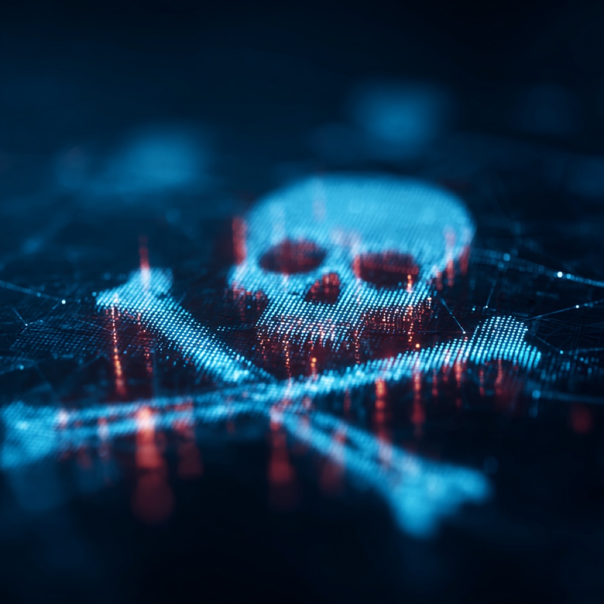 Digital content piracy devastating impact - digital skull formed from data streams representing the destructive threat of content piracy to creators and businesses