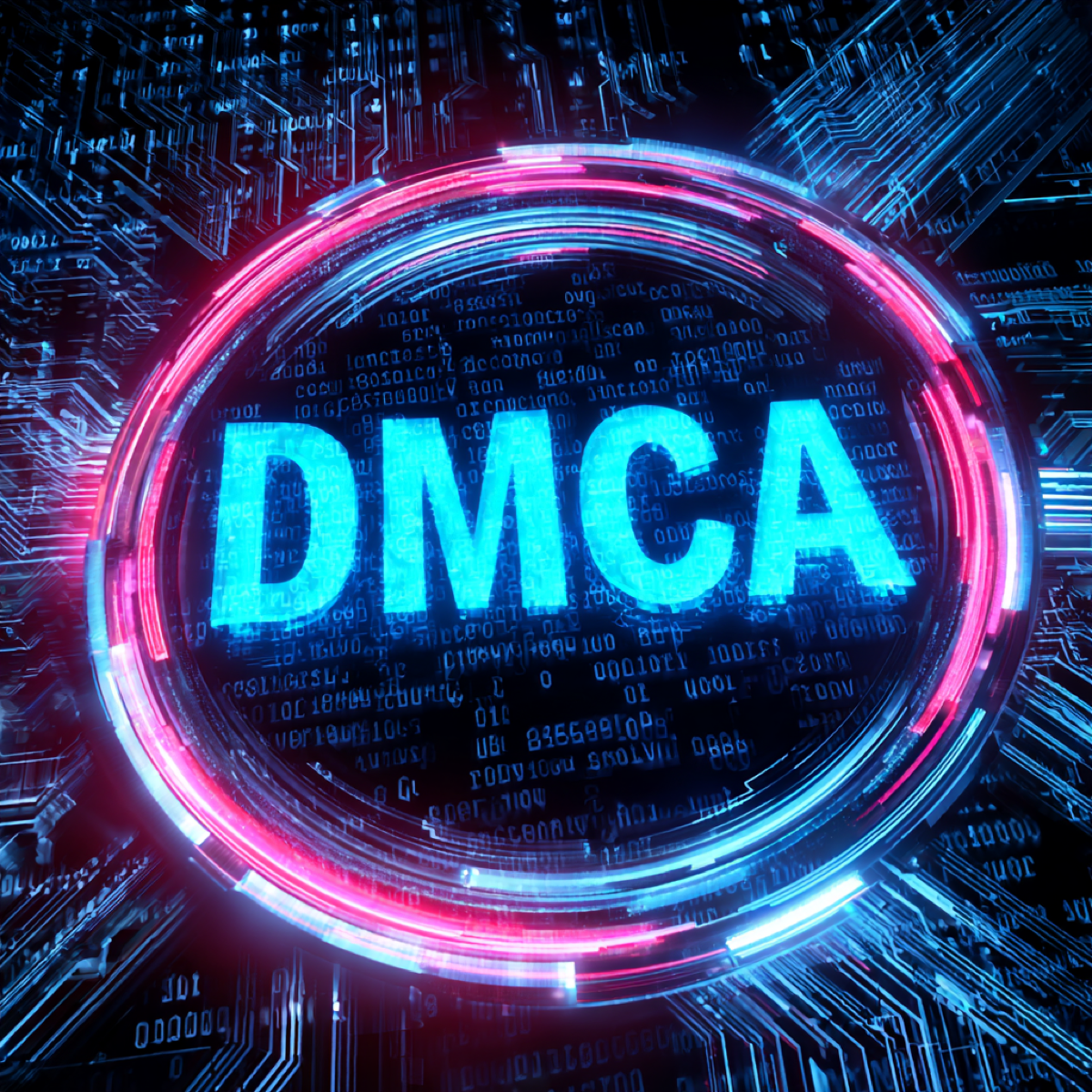 DMCA protection service complete ecosystem - digital DMCA technology interface with circuit board patterns representing comprehensive copyright protection infrastructure