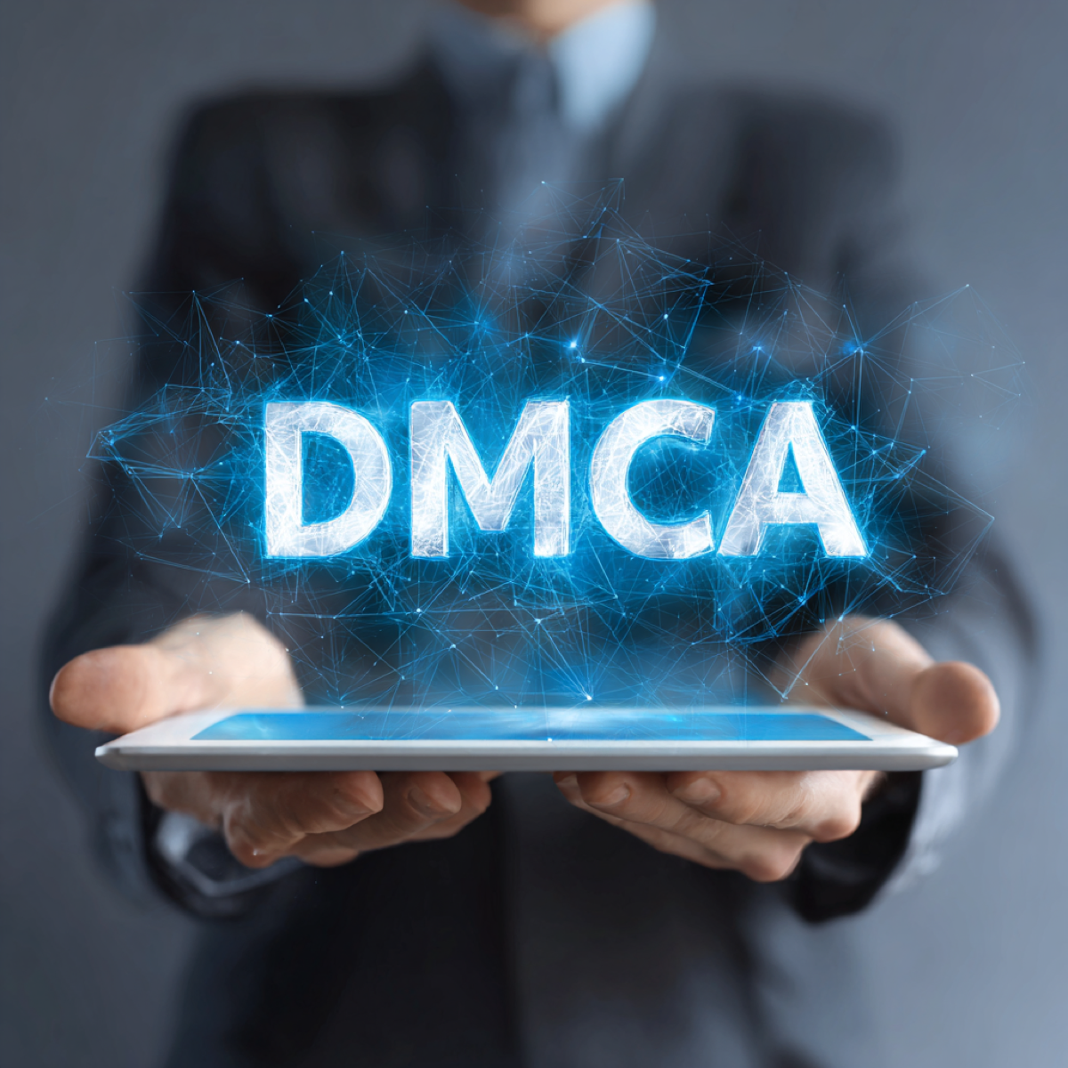 DMCA protection service content theft escalates - professional holding digital DMCA hologram representing advanced copyright protection and automated monitoring technology