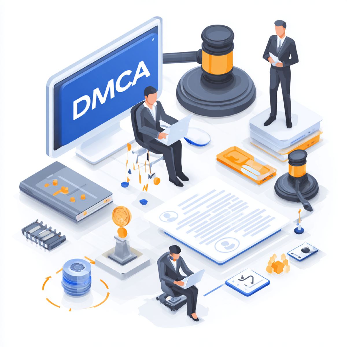 DMCA takedown service copyright violations escalate - professional legal team with DMCA documentation and court gavel representing copyright enforcement and intellectual property protection