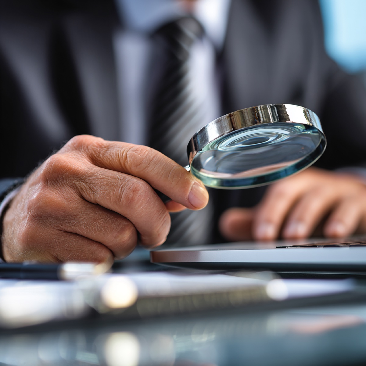 Emergency blackmail hotline crisis support - professional investigator using magnifying glass to examine digital evidence for comprehensive blackmail case analysis