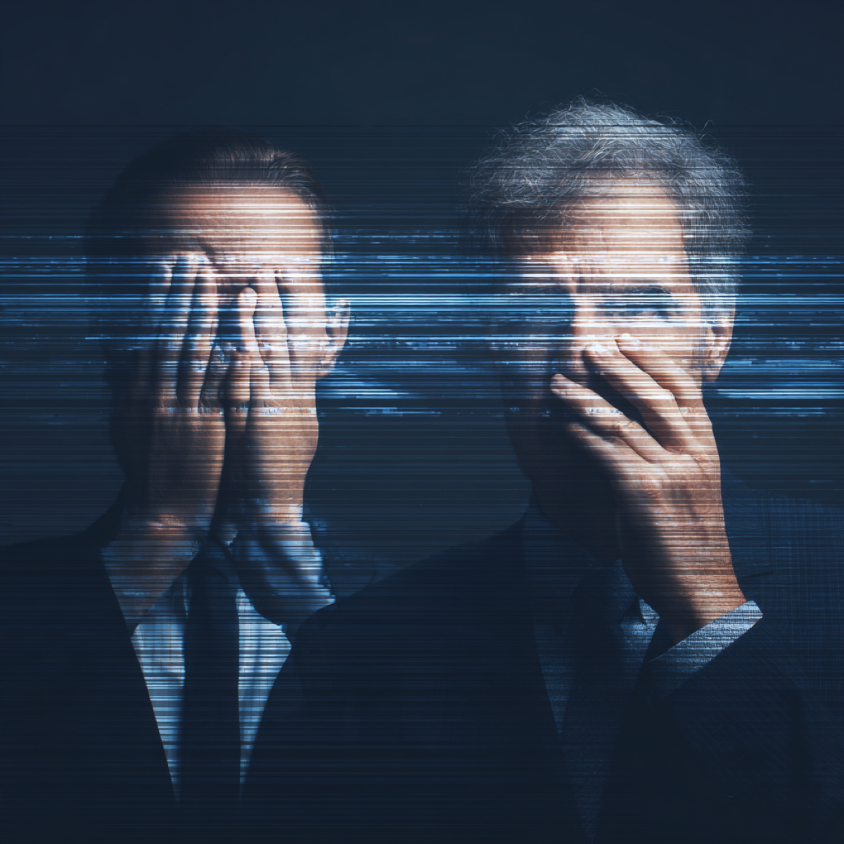 Every day without monitoring costs opportunities - two distressed professionals with digital glitch effects representing missed opportunities from lack of reputation surveillance