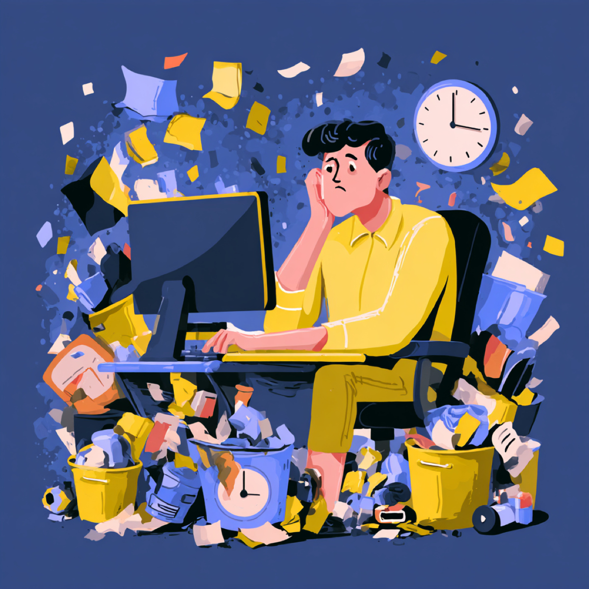 Every minute counts leaked content removal - stressed person overwhelmed by documents and clock showing urgent time pressure for content removal action