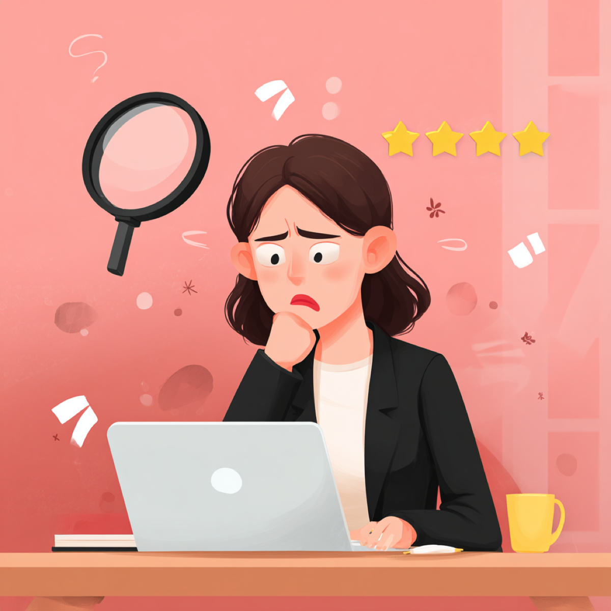 Fake reviews stay online costs money - concerned business professional analyzing negative review impact with magnifying glass and star ratings showing urgent need for immediate action