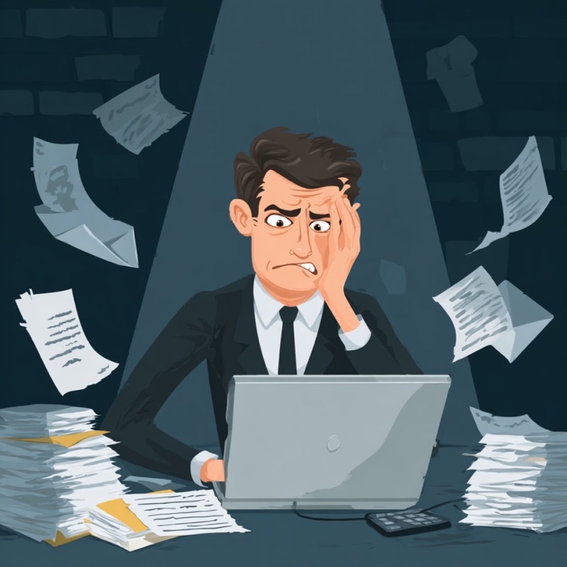 Get rid of blackmail permanently - overwhelmed victim surrounded by threatening documents needing professional help to escape blackmail cycle