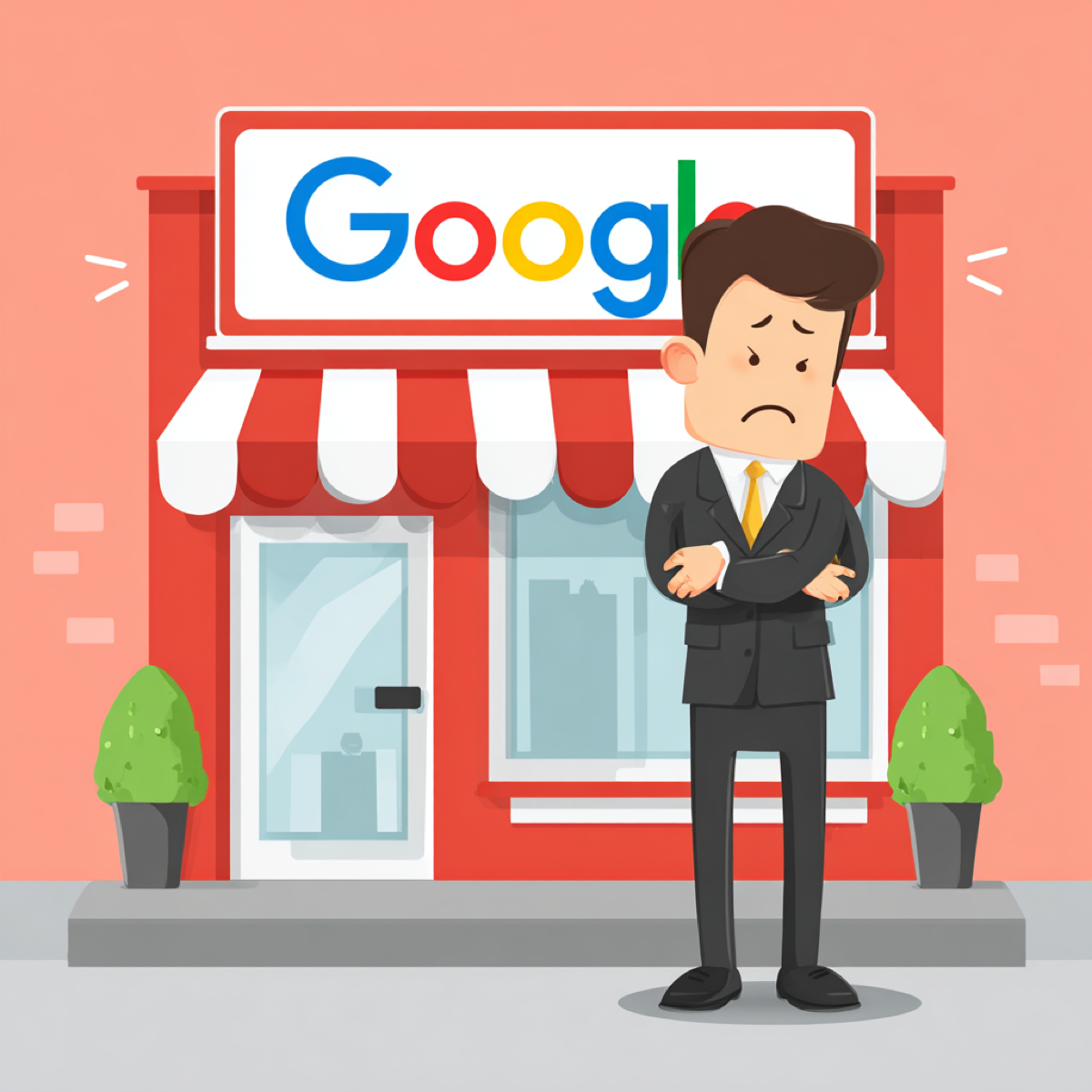 Google business profile removal issues hurting business - concerned business owner standing in front of Google storefront dealing with profile management problems affecting local visibility