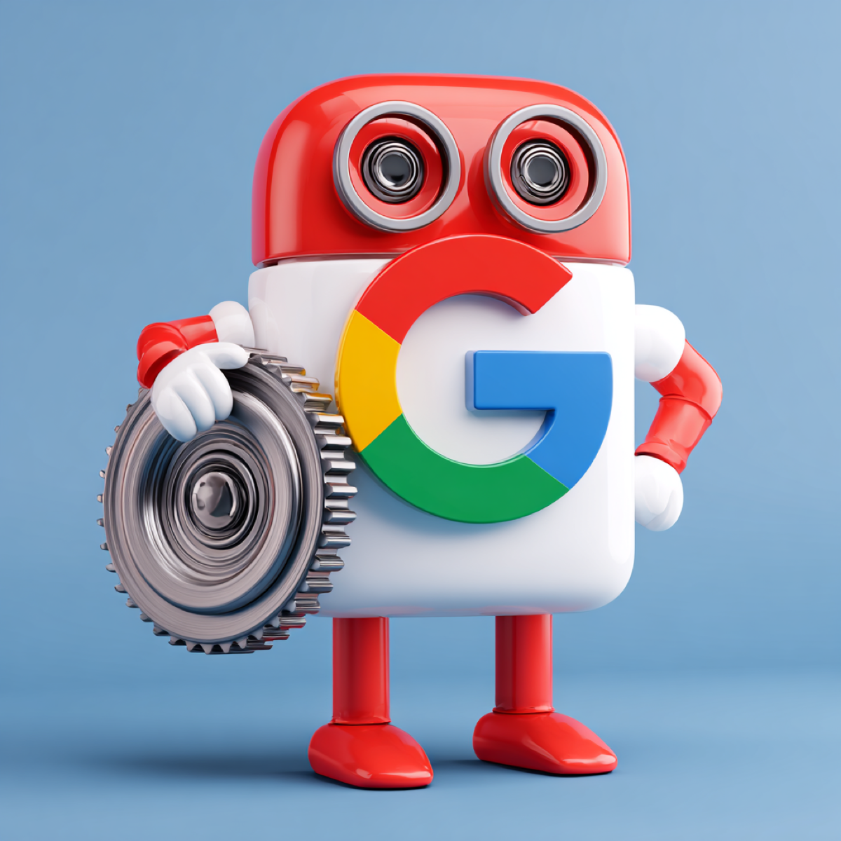 Google Drive DMCA copyright infringement costs - Google robot character with gear representing automated platform operations and copyright enforcement challenges
