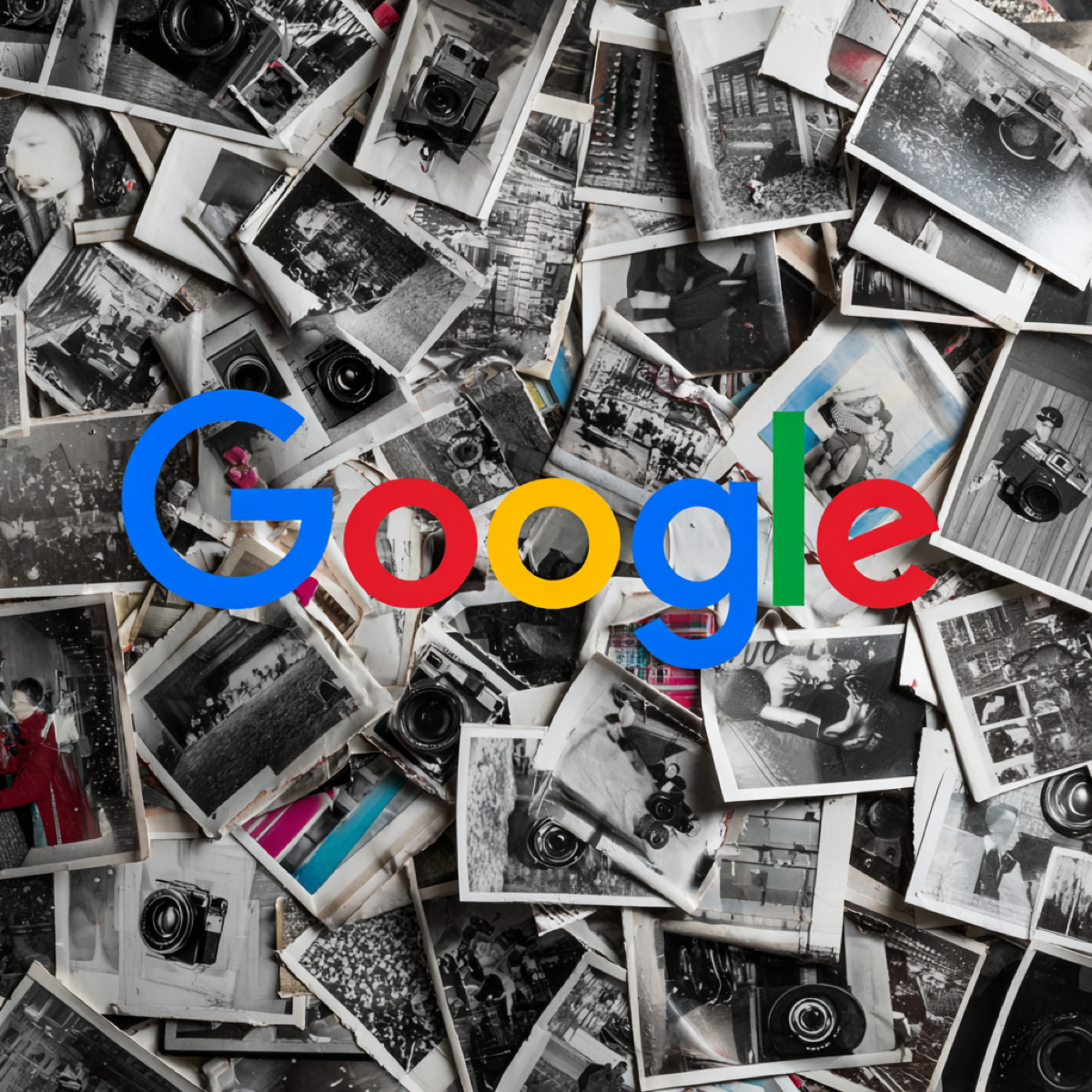 Google images spread photos everywhere - Google logo overlaid on scattered vintage photographs representing widespread distribution of personal photos across internet platforms