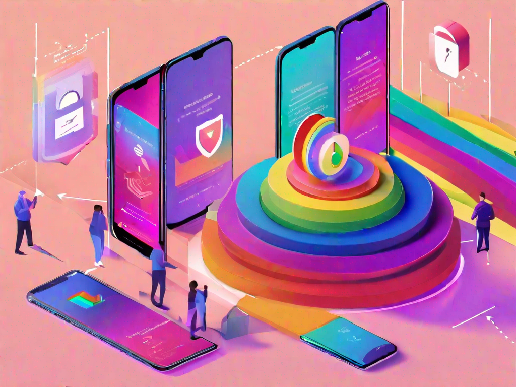 Grindr blackmail elimination process - digital shield protection with layered security barriers and rainbow colored LGBTQ+ inclusive security shields showing step-by-step elimination workflow