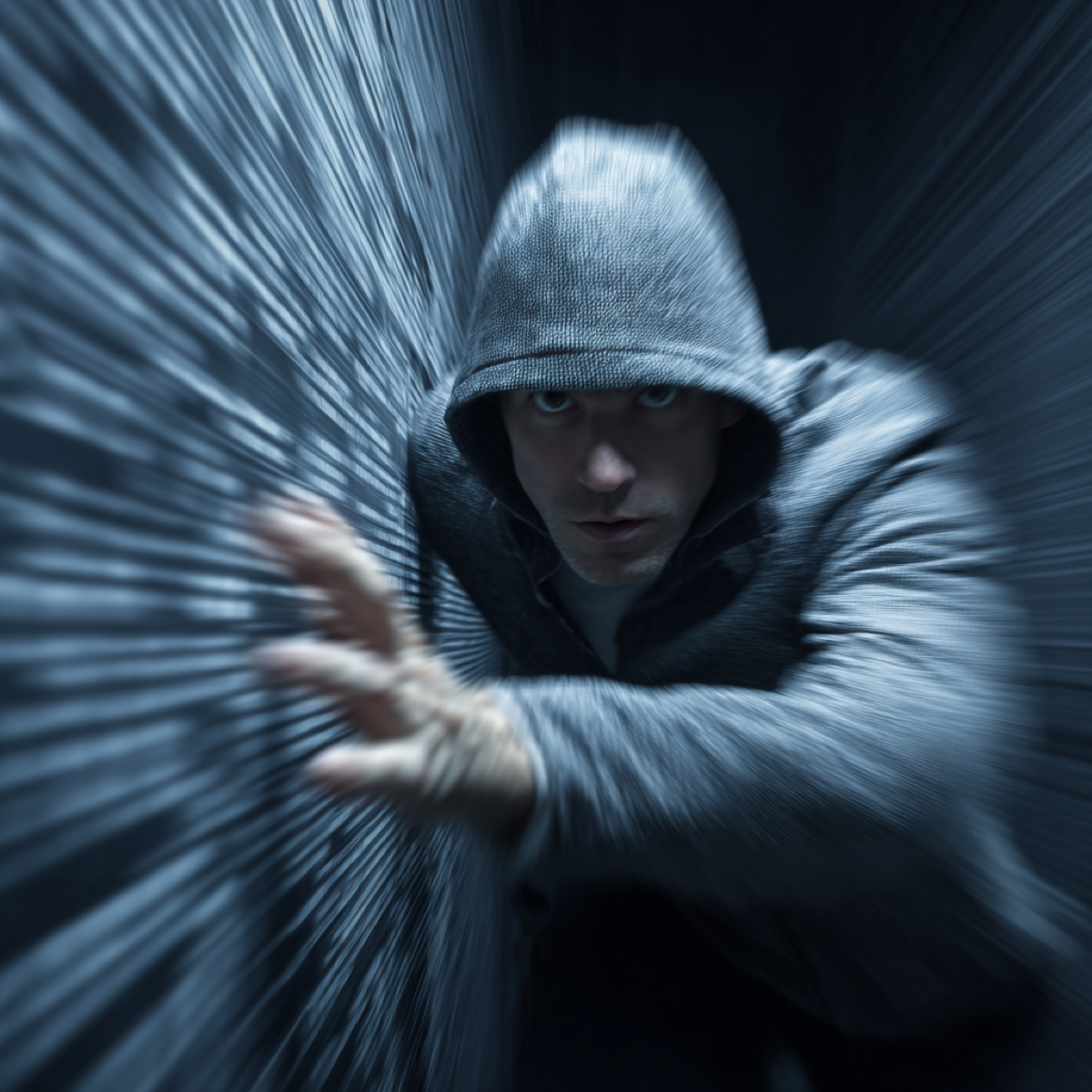 IP theft accelerates without professional protection - cybercriminal in motion blur representing rapid intellectual property theft and urgent need for copyright protection