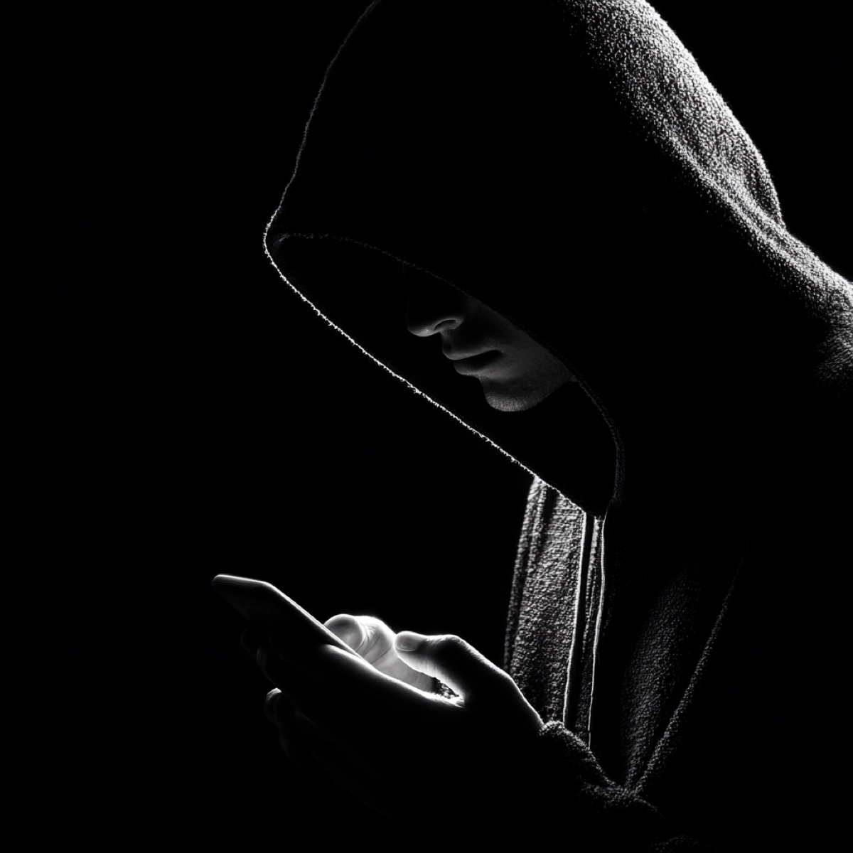 Monkey app blackmail so dangerous - hooded cybercriminal using phone in dark environment representing anonymous predators exploiting random video chat platform to record intimate moments and threaten victims with exposure