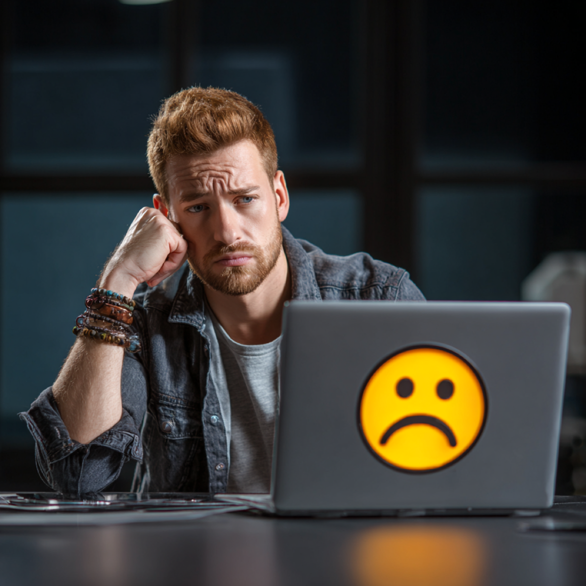 Negative content removal ruining reputation - distressed person with laptop displaying sad face emoji representing devastating impact of negative online content on personal reputation