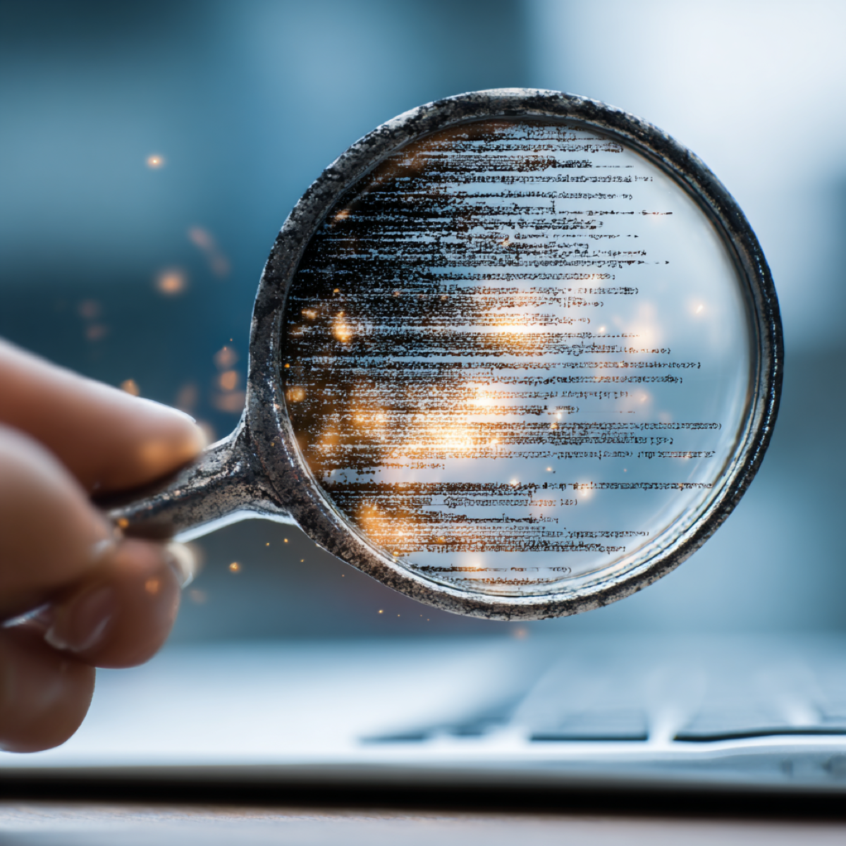 Negative search results stronger every day - magnifying glass revealing glowing digital code and data representing growing power of negative content in search algorithms