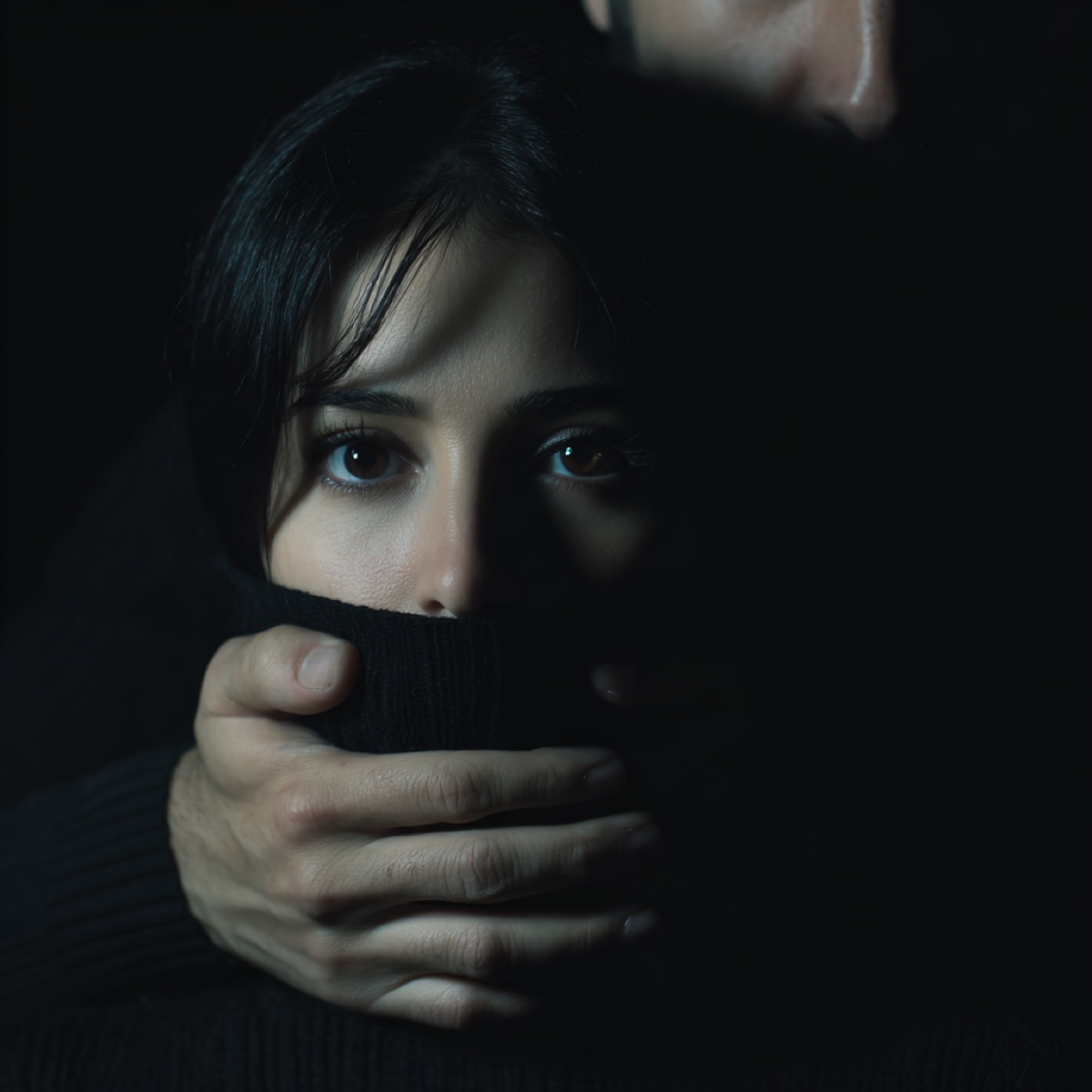 Nudes blackmail immediate action - distressed woman victim silenced by hands showing urgent need for professional help