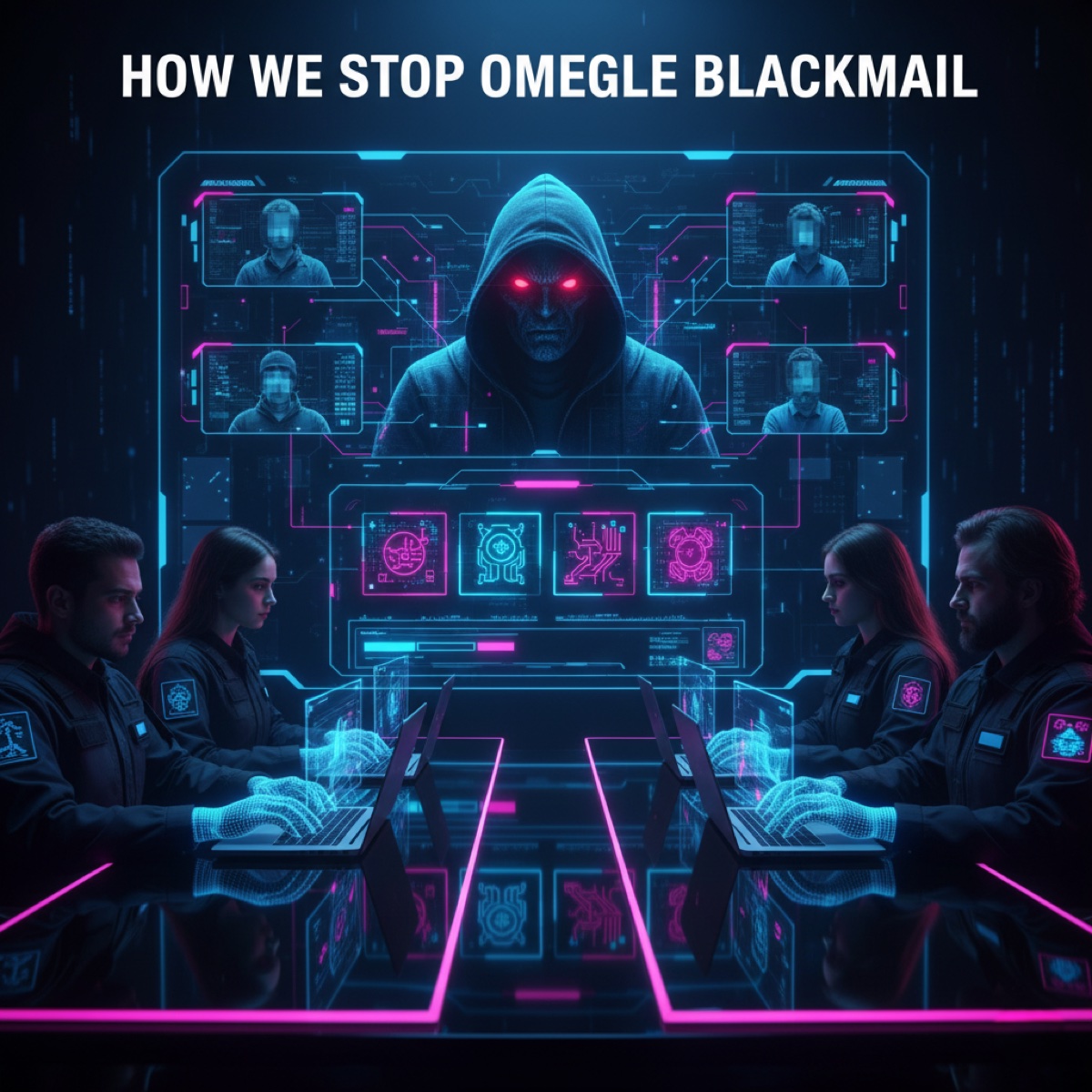 How we stop Omegle blackmail - cybersecurity team analyzing anonymous chat threats and implementing immediate response protocols to neutralize predators and protect victims