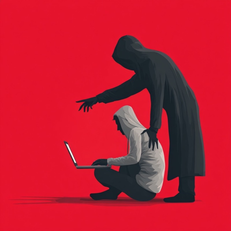 Online blackmail resolution process - intimidating shadowy figure threatening victim with laptop showing need for professional intervention