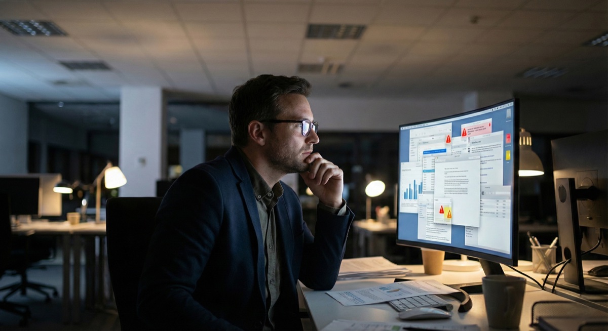 Online reputation management DIY struggles - stressed businessman working late reviewing complex reputation data showing how amateur DIY reputation management often backfires and requires professional expertise