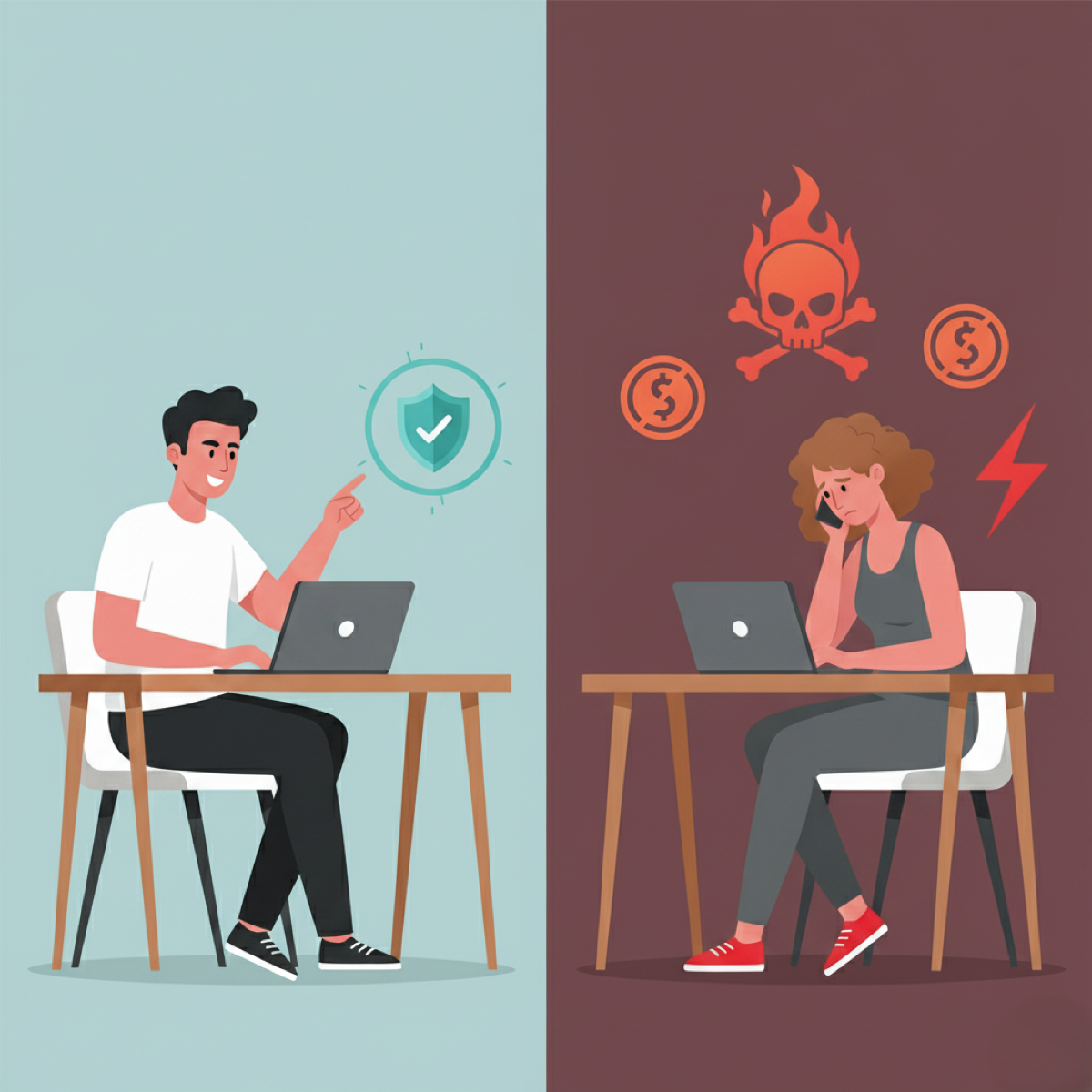 OnlyFans protection every hour counts - contrast between protected creator with security shield and threatened creator facing cyber attacks and revenue threats