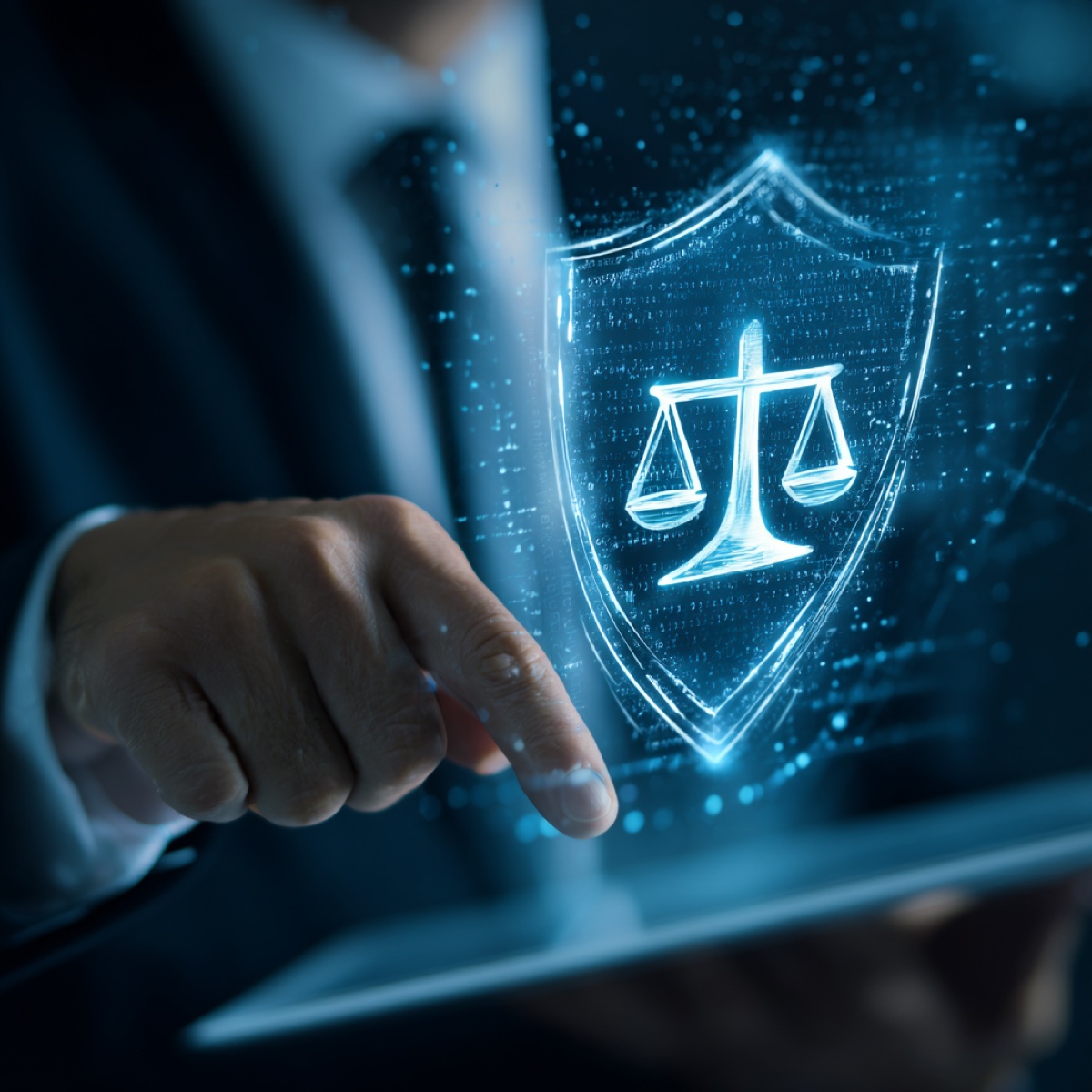 Patreon proven creator protection results - professional hand pointing to digital shield with scales of justice representing legal content protection expertise and successful security outcomes