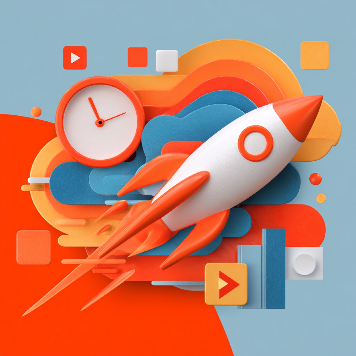 Patreon speed matters content protection - rocket launching with clock and digital interface elements representing rapid response and time-critical content protection acceleration