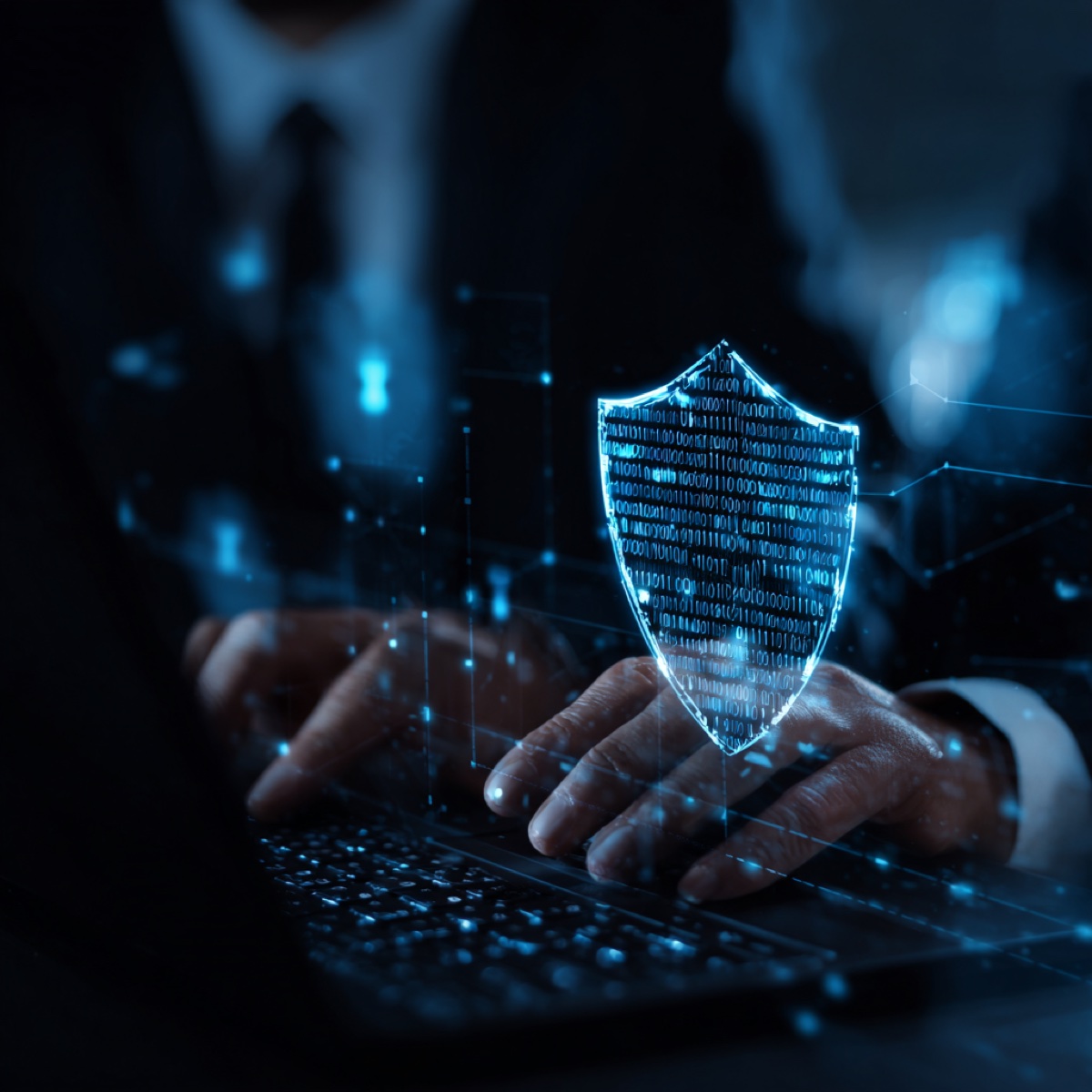 Professional brand protection solution - hands working on laptop with digital security shield representing advanced trademark enforcement and comprehensive online brand protection technology