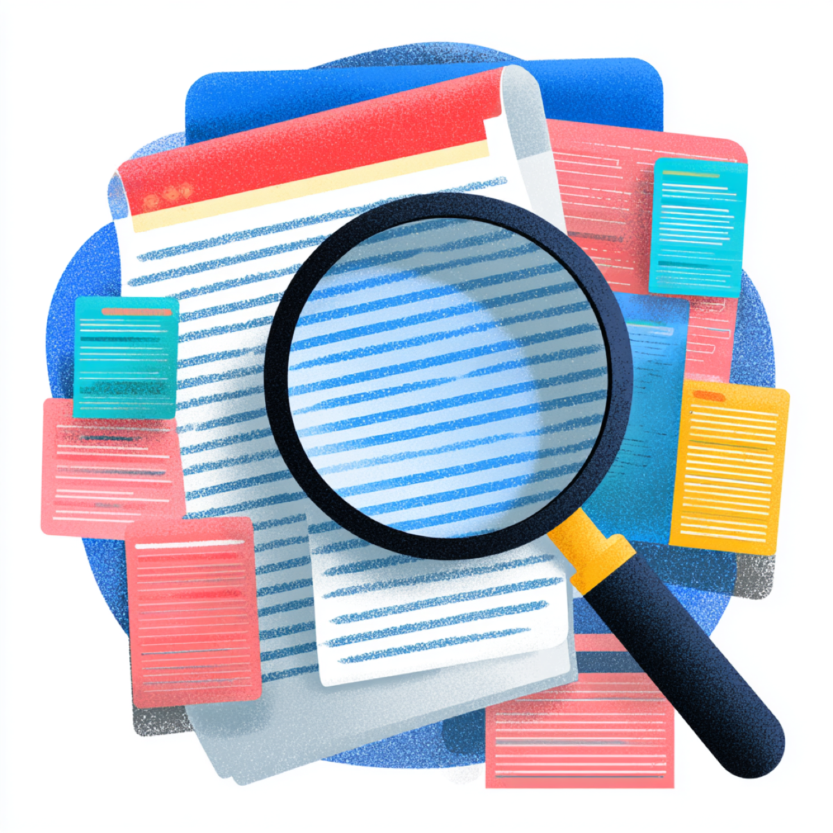 Proven emergency response results - magnifying glass analyzing colorful documents representing thorough content investigation and successful removal tracking