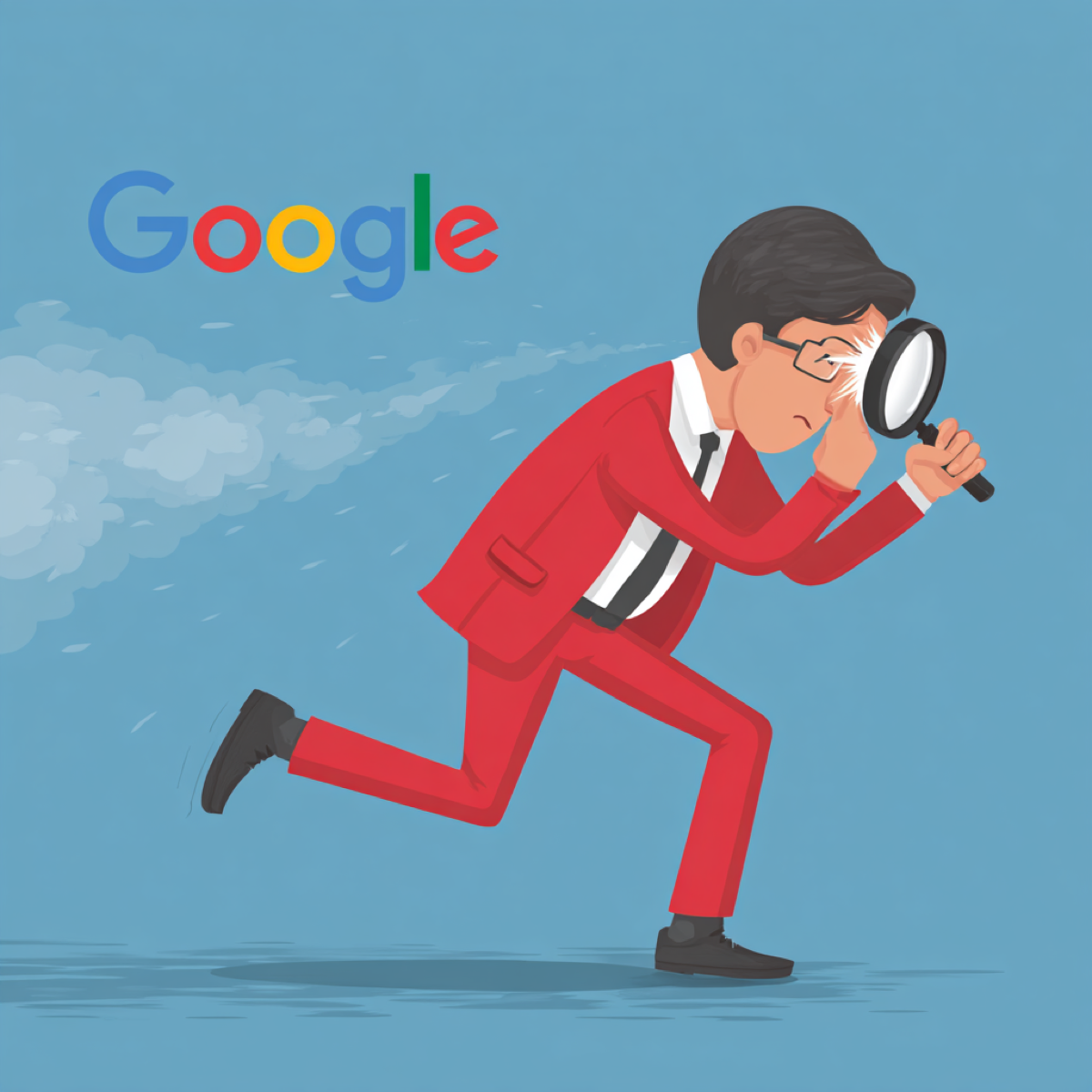 Remove negative search results killing opportunities - business professional with magnifying glass examining Google search under bright blue sky representing urgent need for reputation management