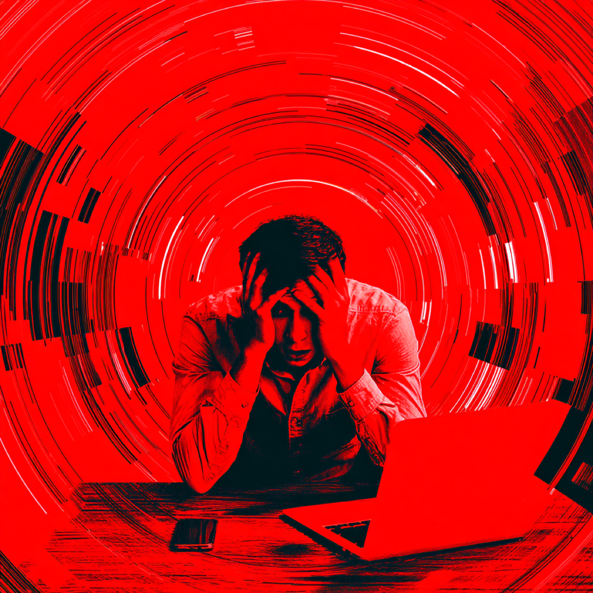 Remove videos internet spreading unwanted - distressed person overwhelmed by spiral pattern representing viral spread of unwanted video content across digital platforms