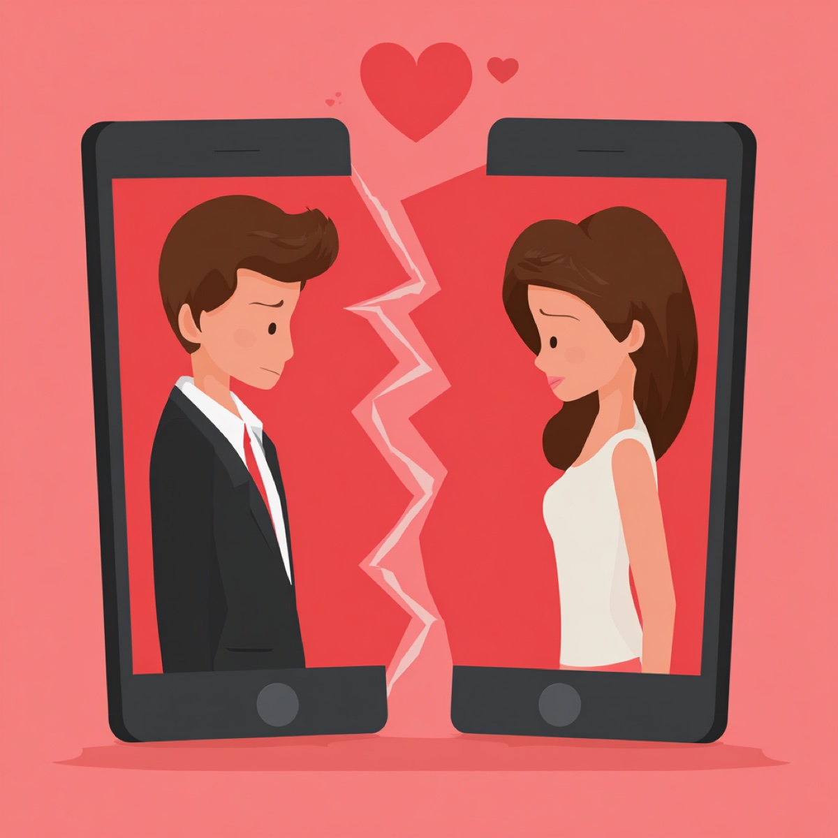 Romance scam resolution process - broken heart between two phones showing digital relationship fraud investigation