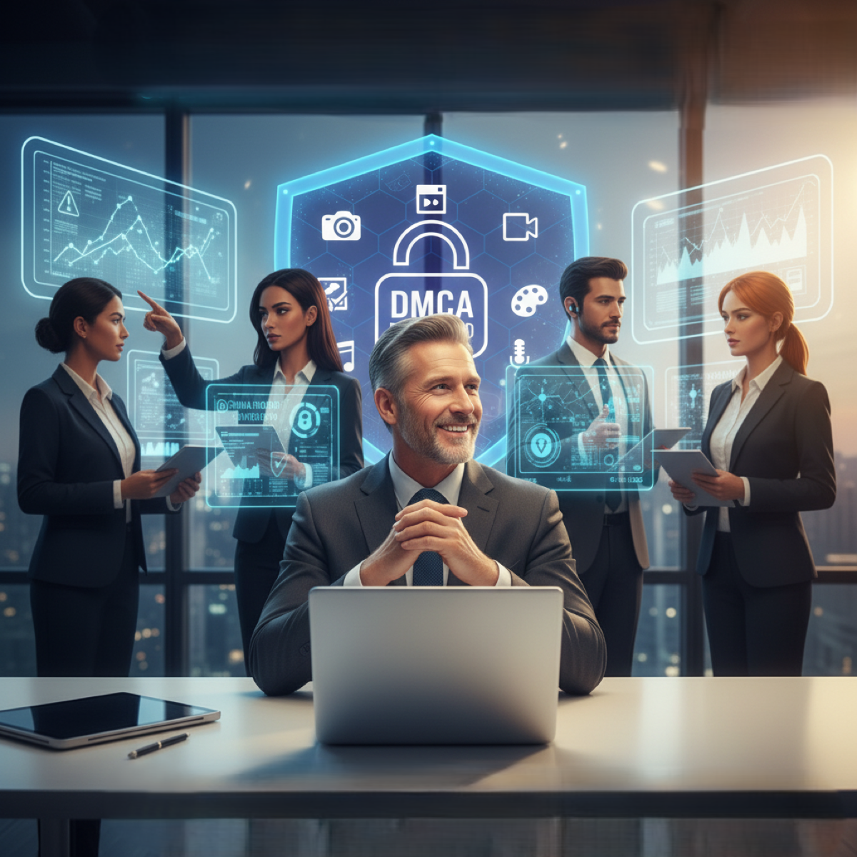 Specialized OnlyFans DMCA protection - professional legal team with holographic DMCA interface providing expert copyright enforcement and content protection services