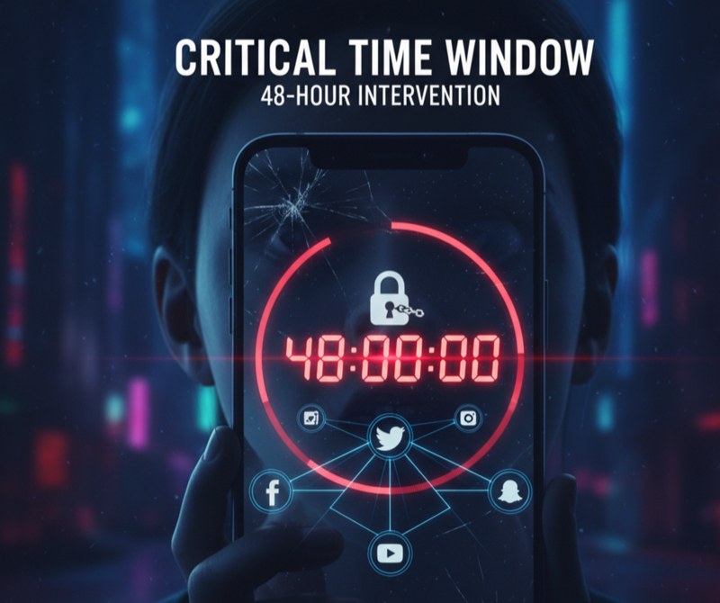 Stop sextortion critical time window - 48-hour intervention countdown timer showing social media platforms connected to cybersecurity threat response system