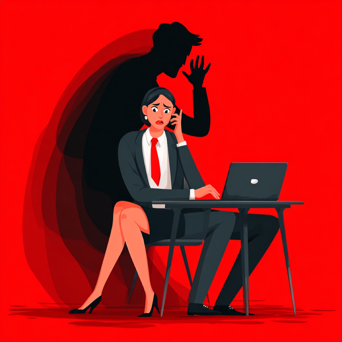 Tango blackmail expert help - professional woman facing threatening shadow representing sophisticated blackmail schemes requiring expert intervention