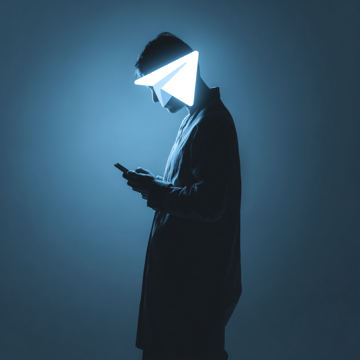 Telegram DMCA immediate action critical - figure with Telegram logo head using smartphone representing urgent need for swift copyright protection response