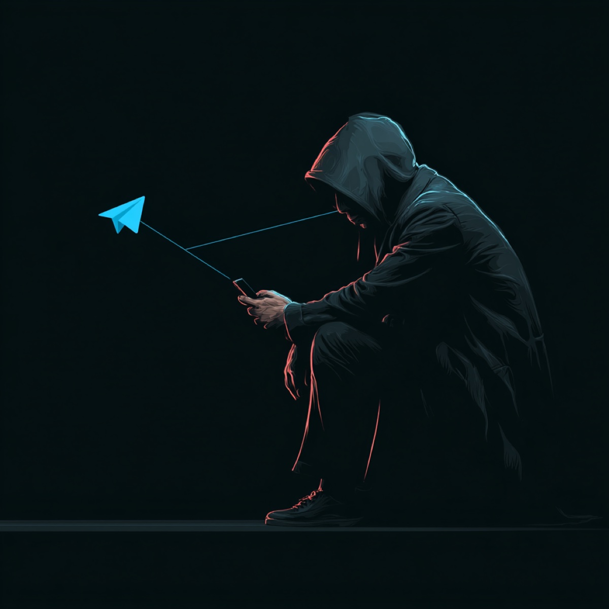 Telegram immediate protection critical - hooded figure manipulating Telegram logo on string representing urgent content theft threats and need for immediate security response