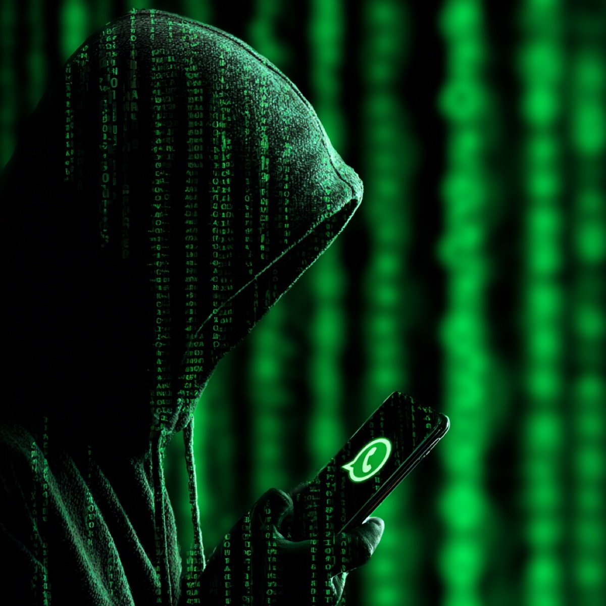 WhatsApp blackmail elimination process - hooded cybersecurity expert with phone and matrix code demonstrating threat neutralization