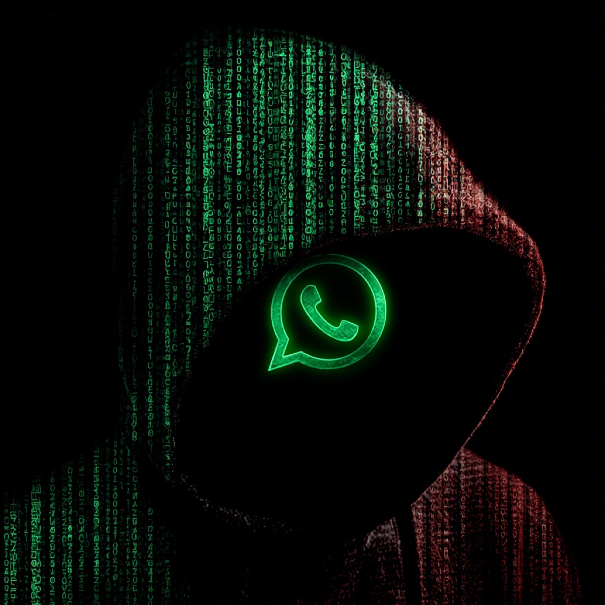 WhatsApp scam resolution process - hooded cybercriminal with matrix code background showing digital investigation methods