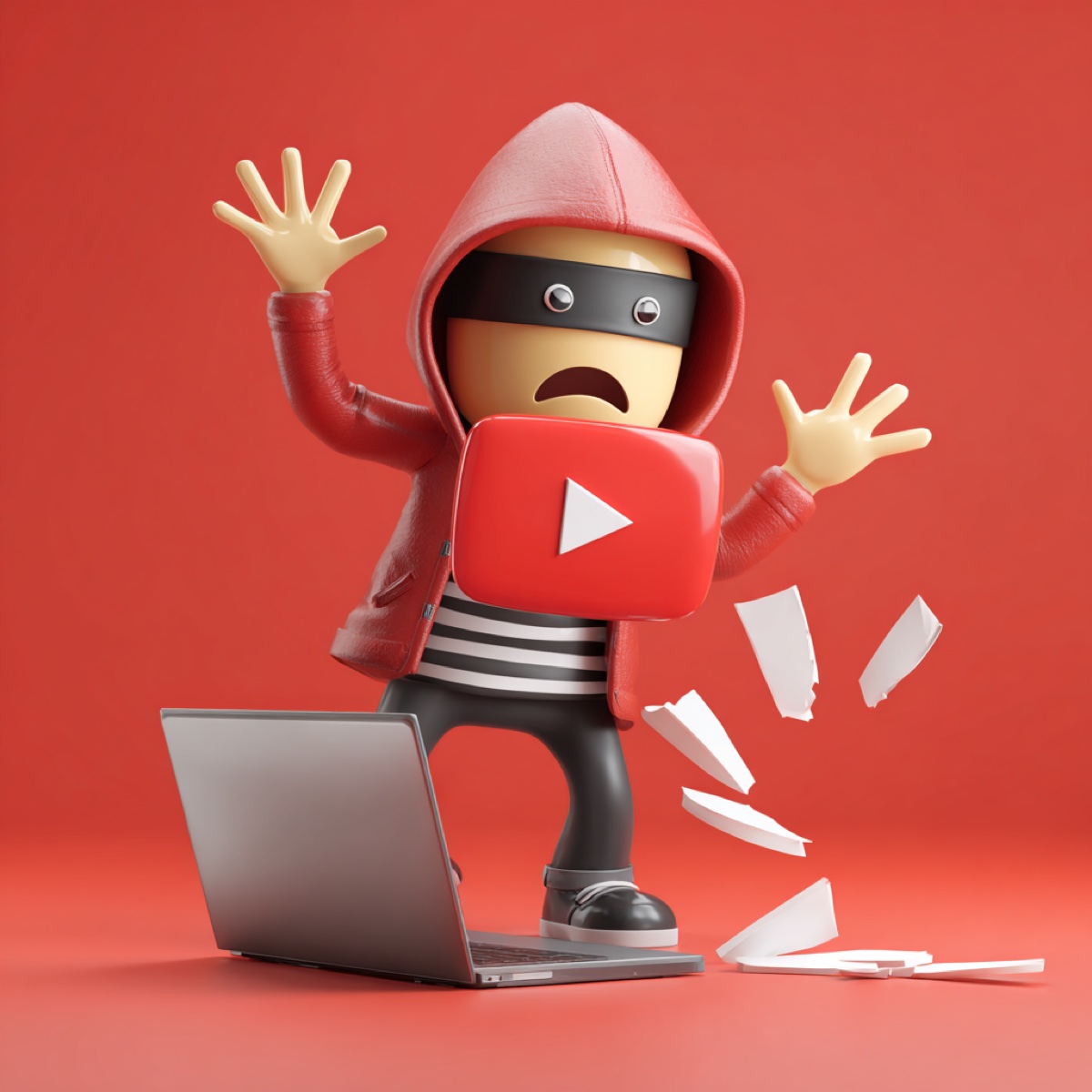 YouTube DMCA hidden cost video theft - content creator character expressing distress from stolen YouTube videos and lost ad revenue